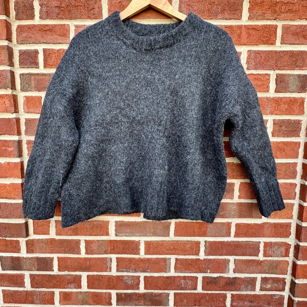 Jenni Kayne Baby Alpaca Wool Sweater LG Dark Gray Cropped Boxy Drop Shoulder